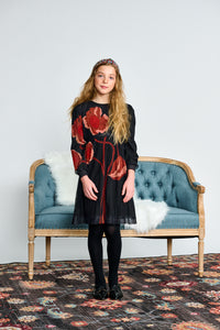 Red Flower Mesh Pleated Dress