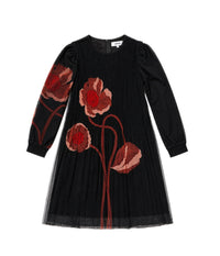 Red Flower Mesh Pleated Dress