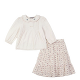 Girls Floral Printed Blouse And Skirt Set With Embroider On The Collar