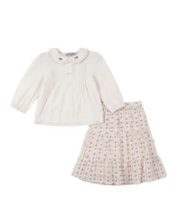 Girls Floral Printed Blouse And Skirt Set With Embroider On The Collar