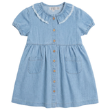 Girls Denim Dress With Fringe At Collar