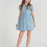 Girls Denim Dress With Fringe At Collar