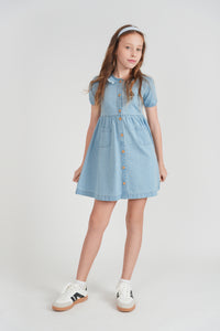 Girls Denim Dress With Fringe At Collar