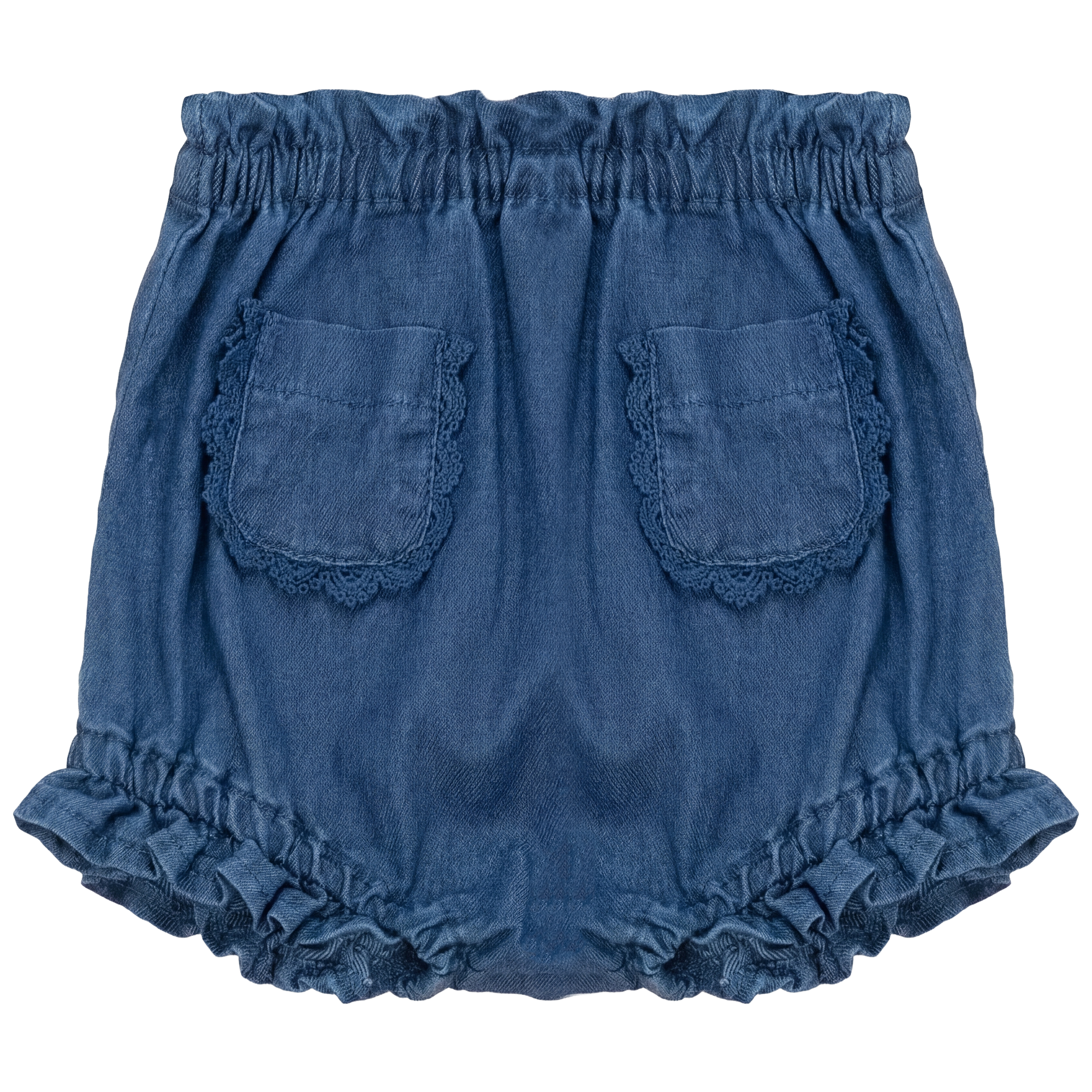 Girls Woven Denim Panty With Lace Trim
