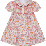Multi Flower Print Girls Dress With Front Smocking