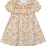 Multi Flower Print Girls Dress With Front Smocking