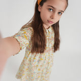Multi Flower Print Girls Dress With Front Smocking