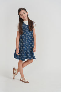 Girls Bow Printed Denim Jumper
