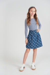 Girls Bow Printed Denim Skirt