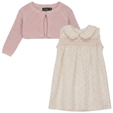 Girls Printed Gauze Shoulder Ruffle Dress With Cardigan Set