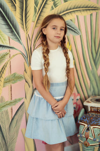Denim Girls Skirt With Eyelet Lace Trim