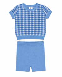 Basket Weave Short Sleeve Knit Sweater & Rib Short Set