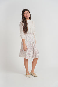 Girls Floral Printed Blouse And Skirt Set With Embroider On The Collar