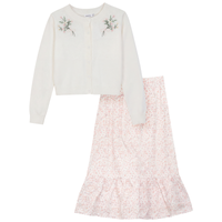Girls Knit Cardi And Bow Floral Skirt Set