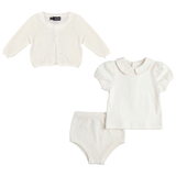 Baby Girls Cotton Shirt With Knitted Shorts And Cardigan Set