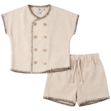 Boys Linen Button Down Shirt With Decorative Stitching
