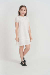 Girls Print Gauze Dress With Scallop Edge Collar
