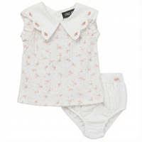 Girls Pointelle Rib Top With Waist Embroidery Gauze Panty
