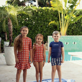 3/4 Sleeve Checked Print Swim Dress