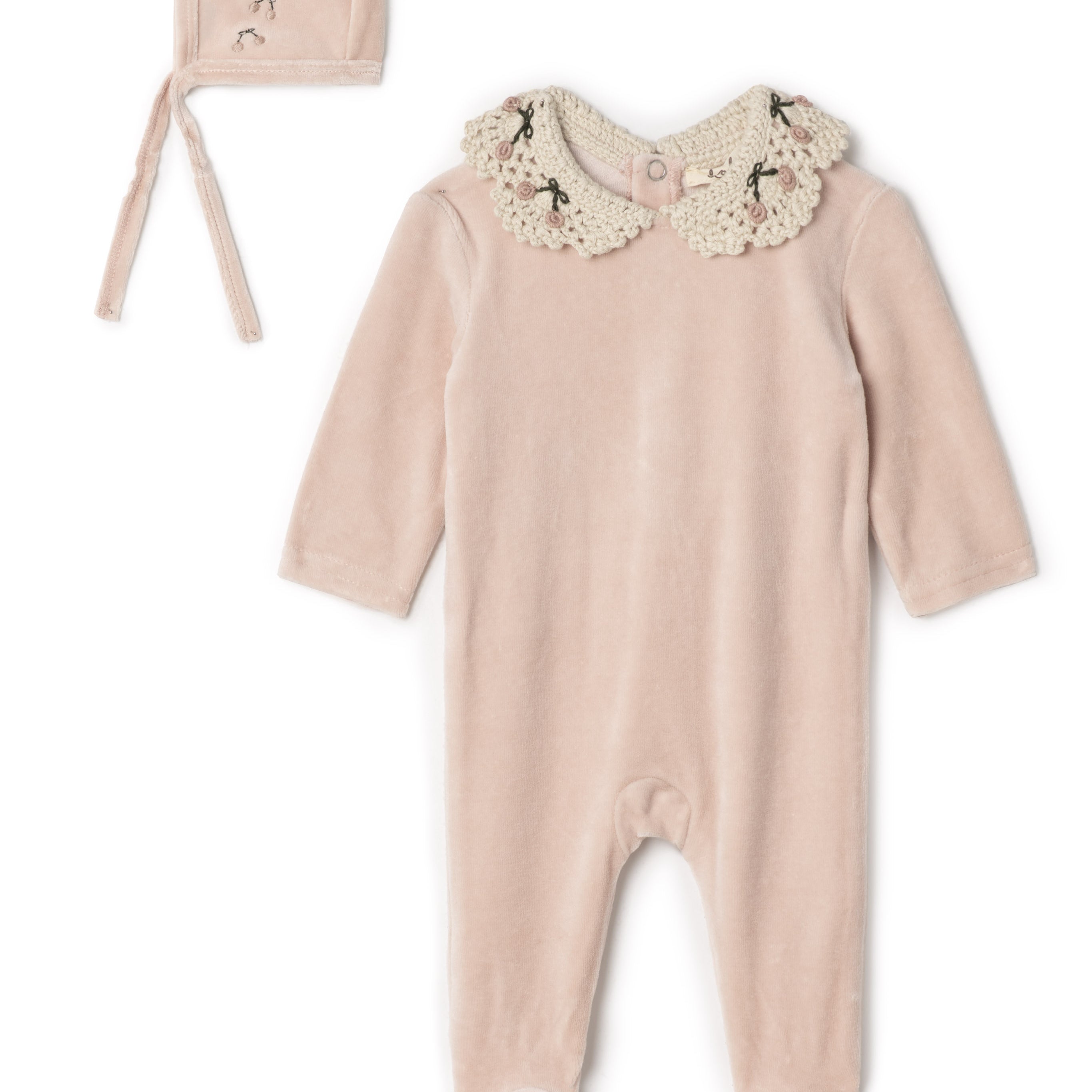 Velour Baby Romper Set With Crochet Knit Collar