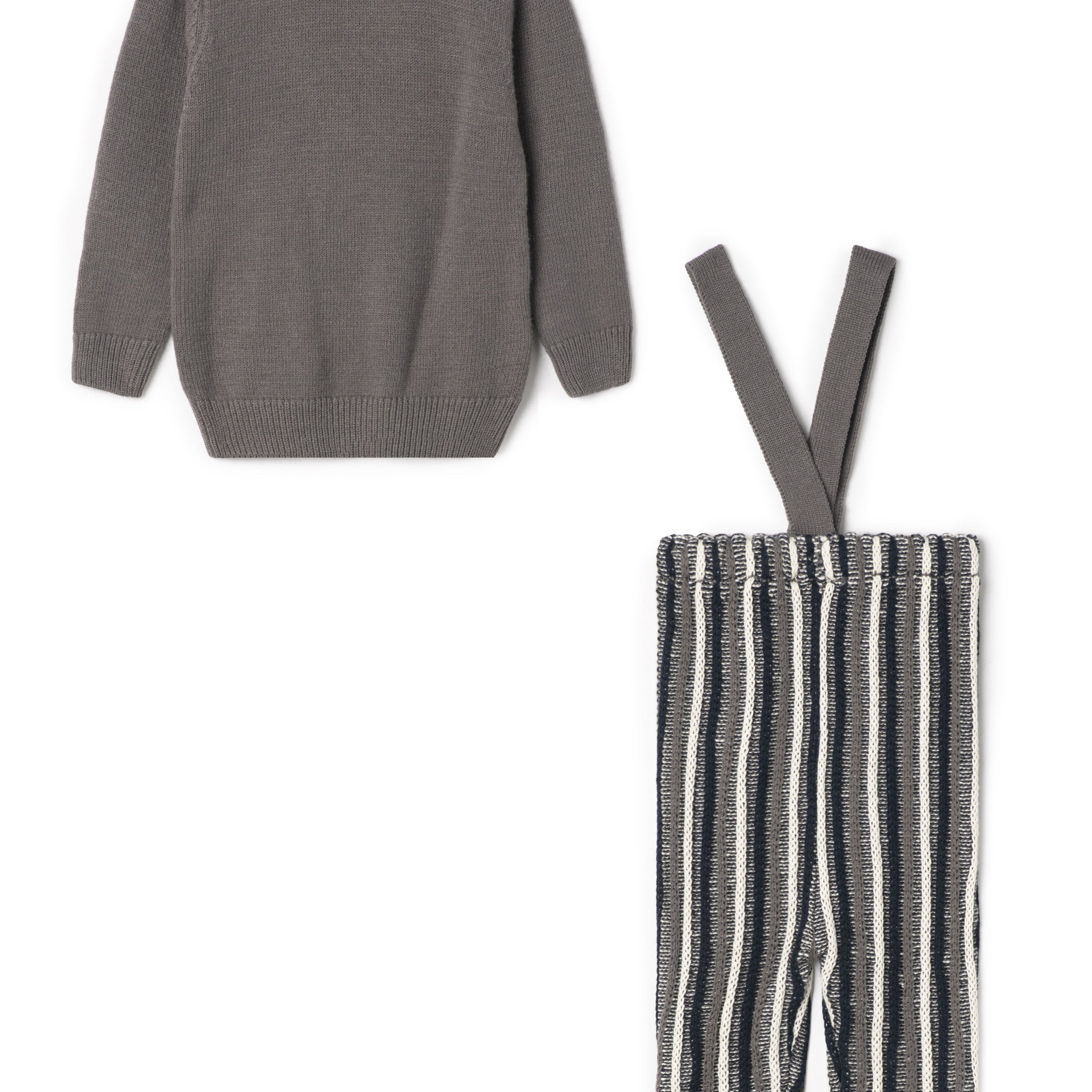 Boys Knit Sweater And Overall With Color Knit Stripes