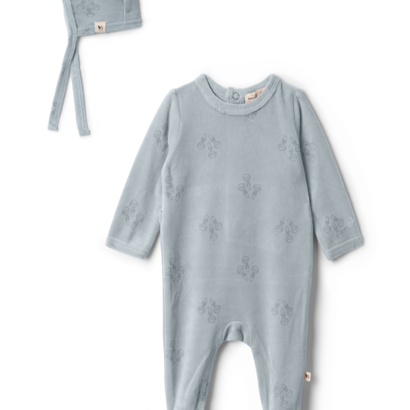 Baby Rattle Print Velour Onesie With Hat