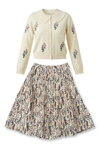 Floral Knit Cardigan & Pleated Skirt Set