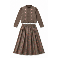 Mock Neck Top, Floral Skirt & Vest Set